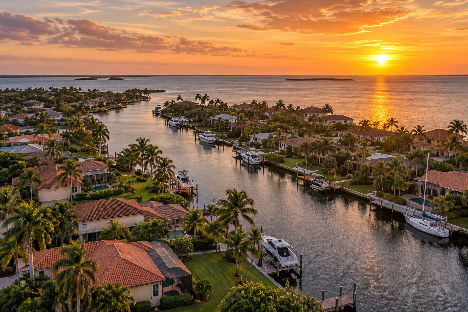 A Southwest Florida waterfront canal neighborhood at sunset, illustrative