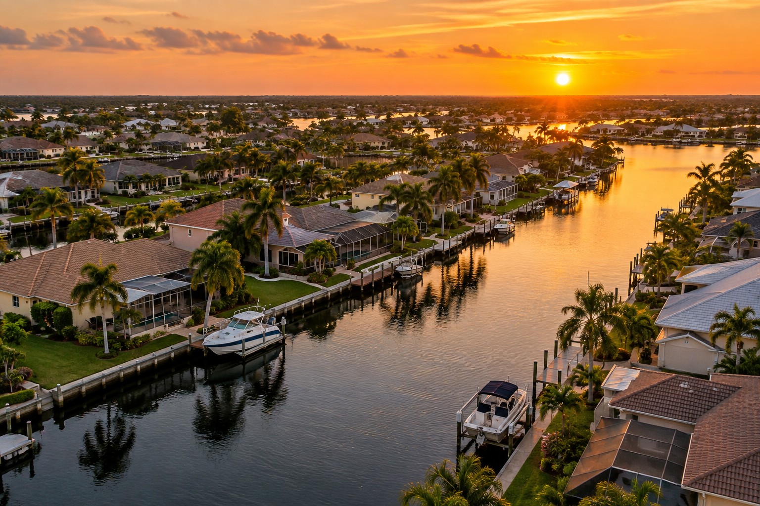 A Southwest Florida canal community at sunset, illustrative