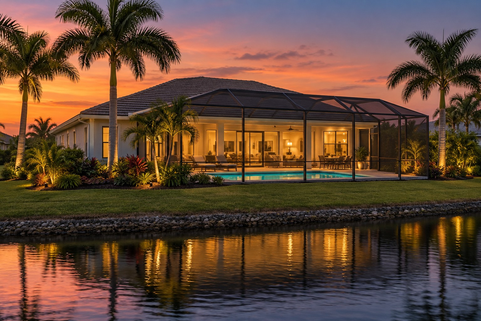A Southwest Florida home exterior at dusk with a pool, illustrative