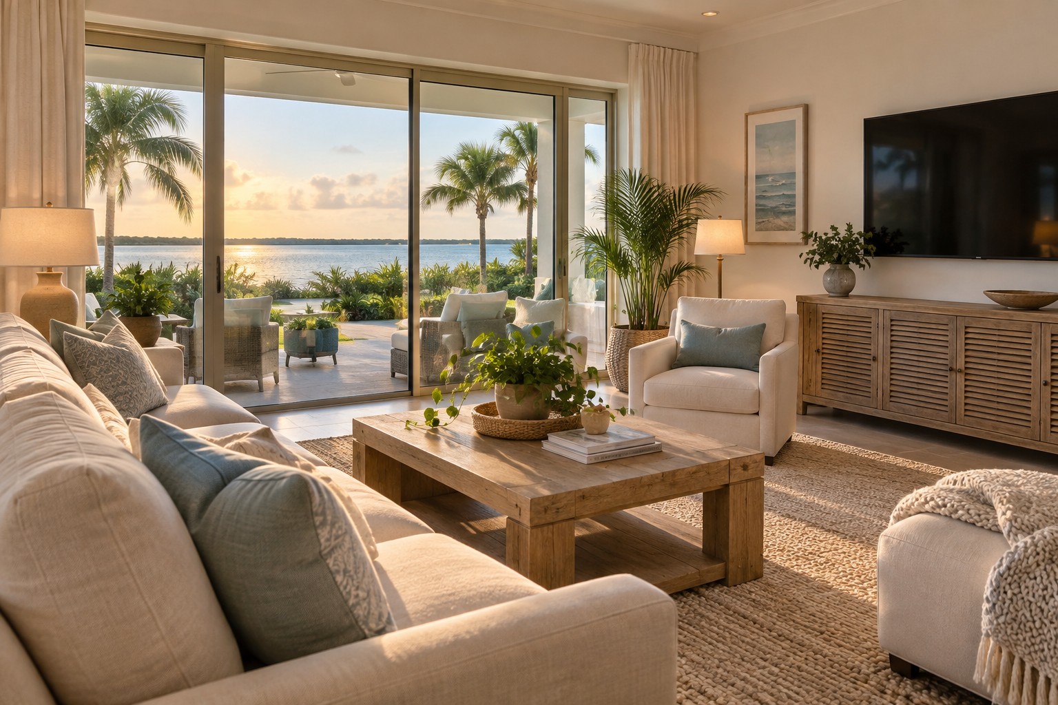 A cozy Southwest Florida living room, illustrative